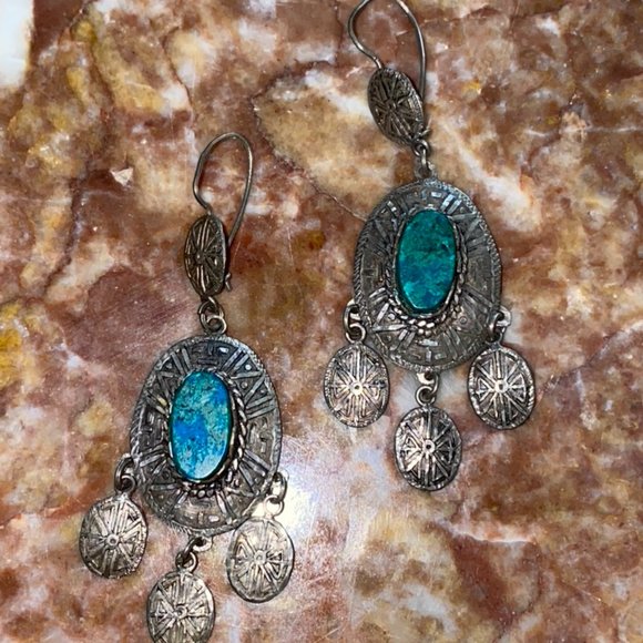 Native American Azurite Malachite 925 Earrings VTG - Picture 8 of 10
